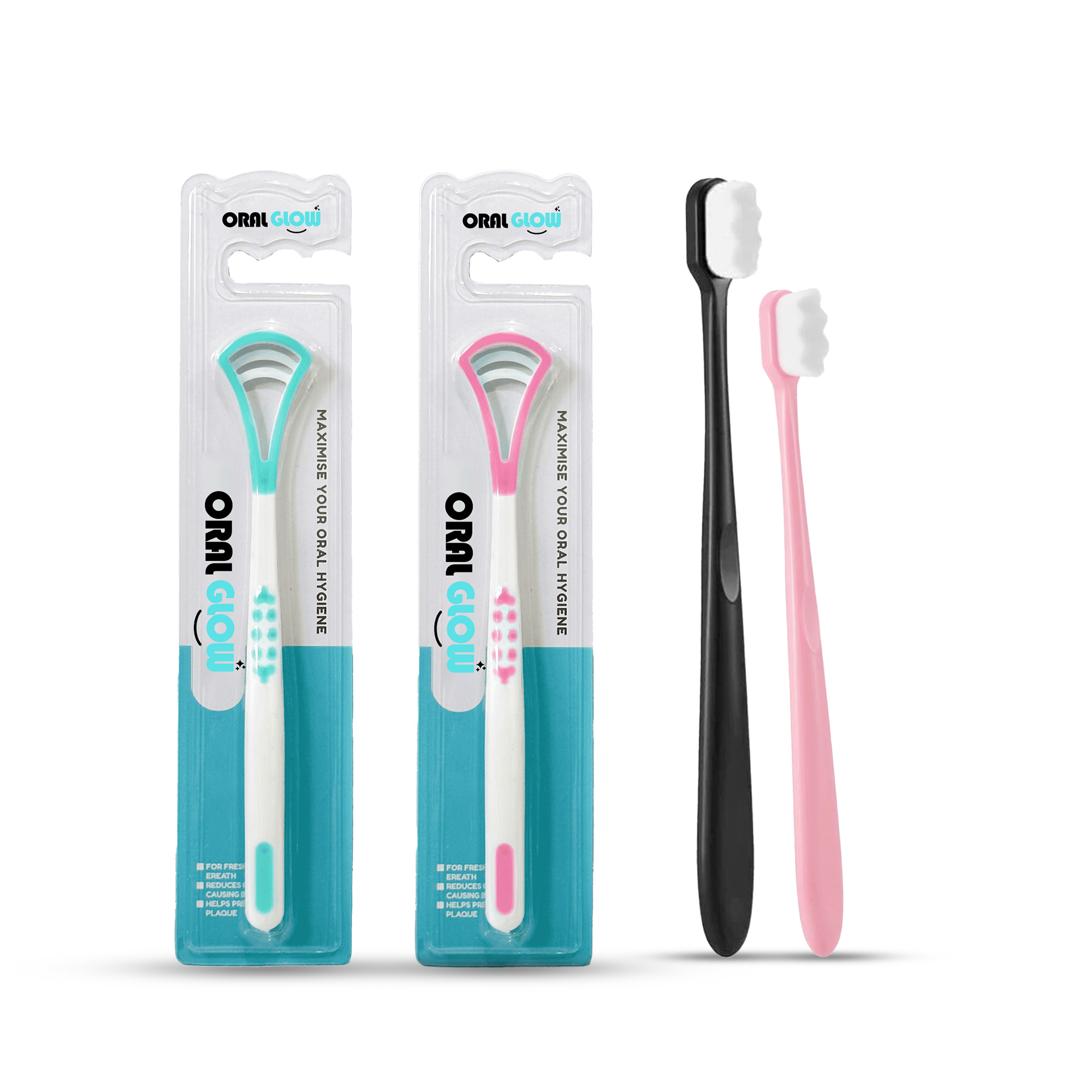 ORAL GLOW - 2 Nano Toothbrush & 2 Tongue Cleaner Bundle